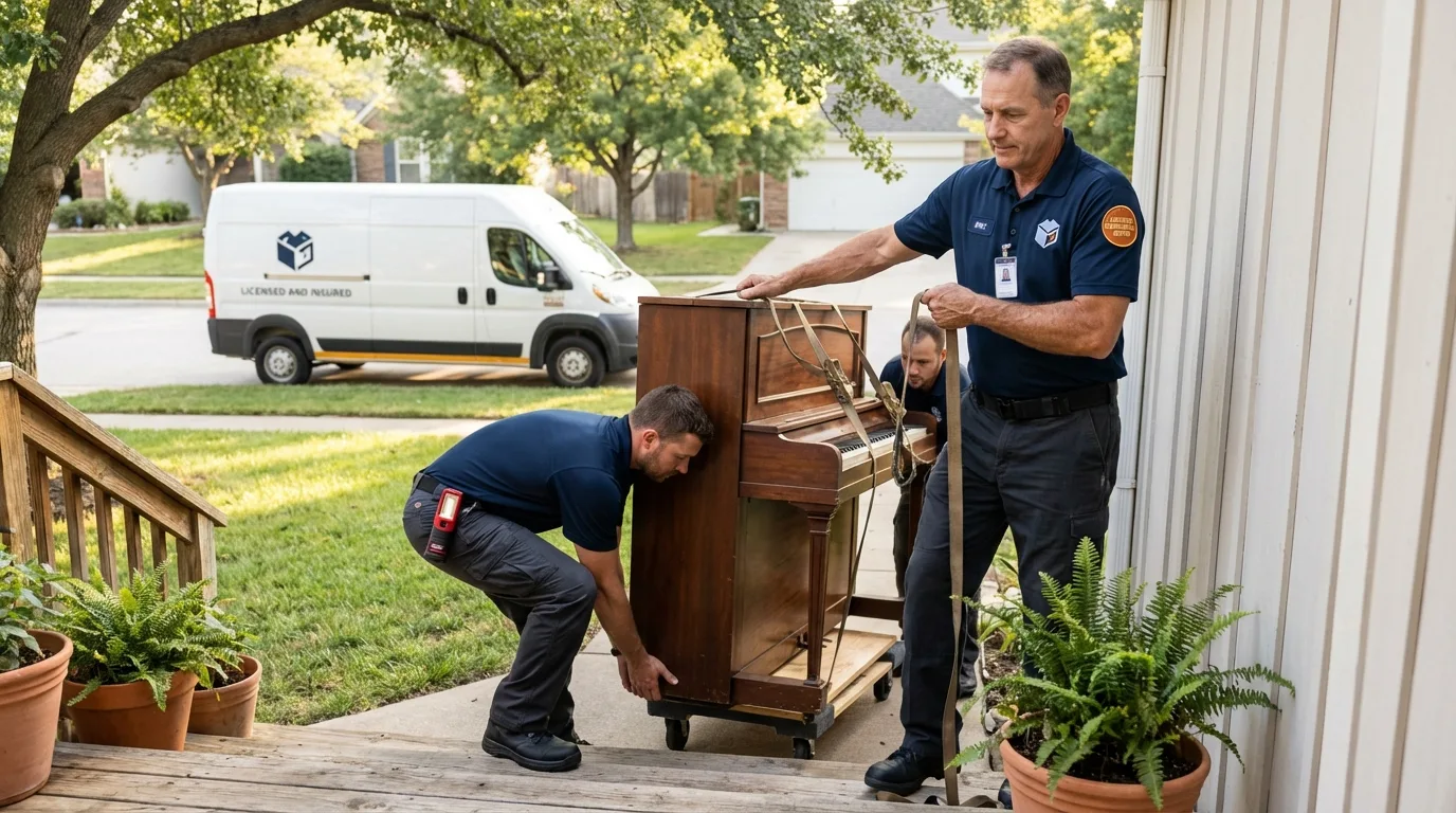 Licensed piano movers securing grand piano in Pawnee City, NE