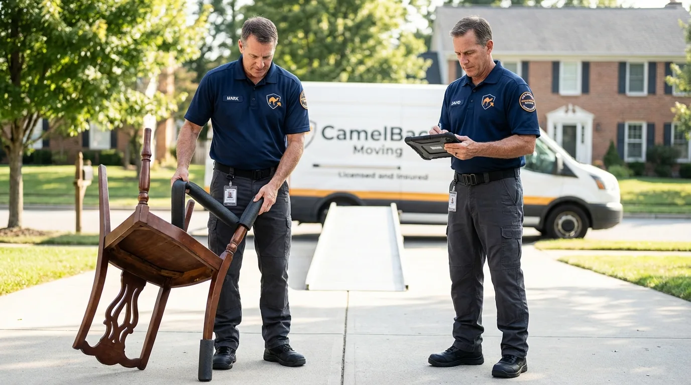 Movers inspecting furniture for damage prevention before loading in Pawnee City, NE