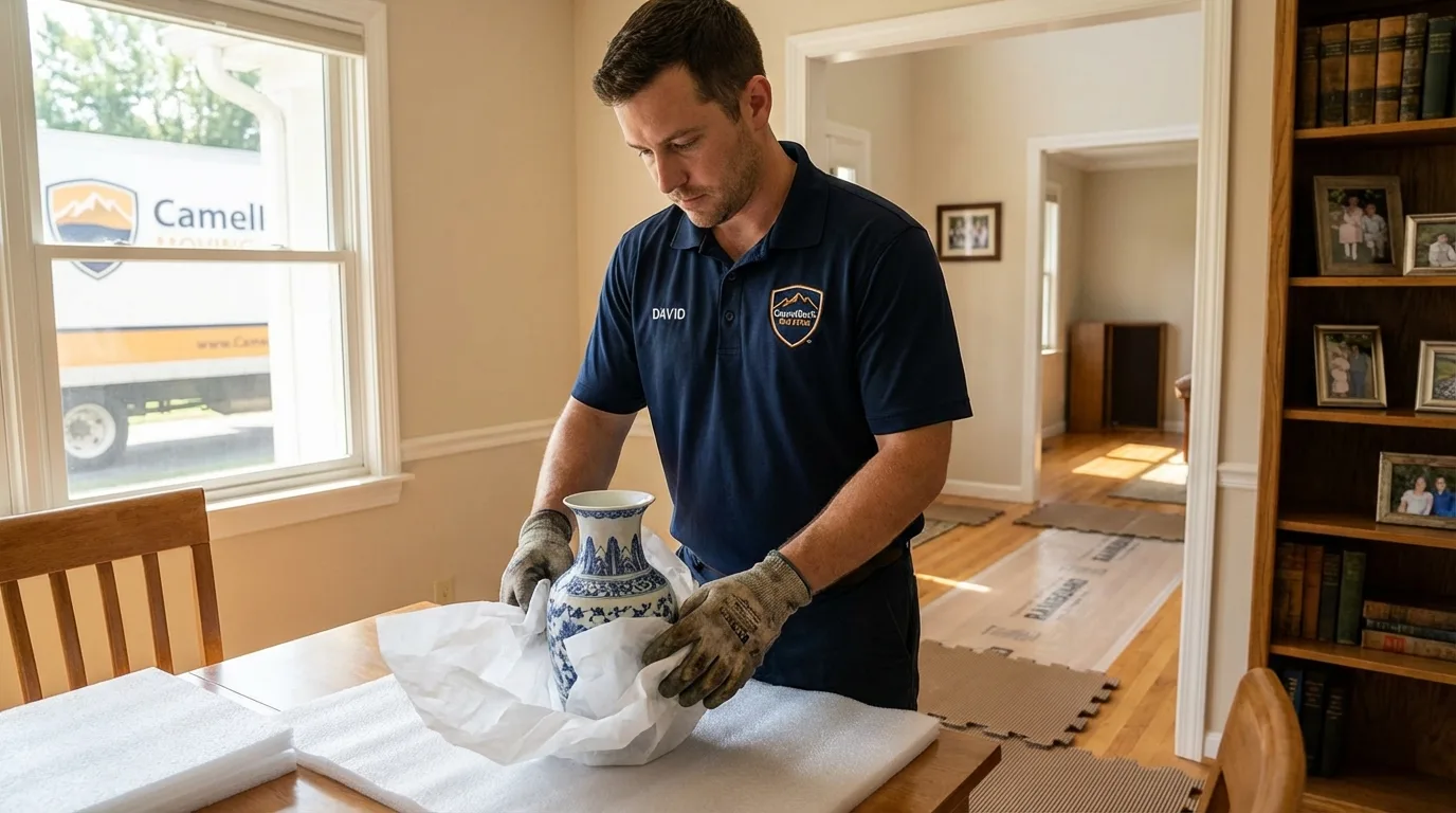 Professional crew carefully wrapping antique vase for senior downsizing move in Pawnee City, NE